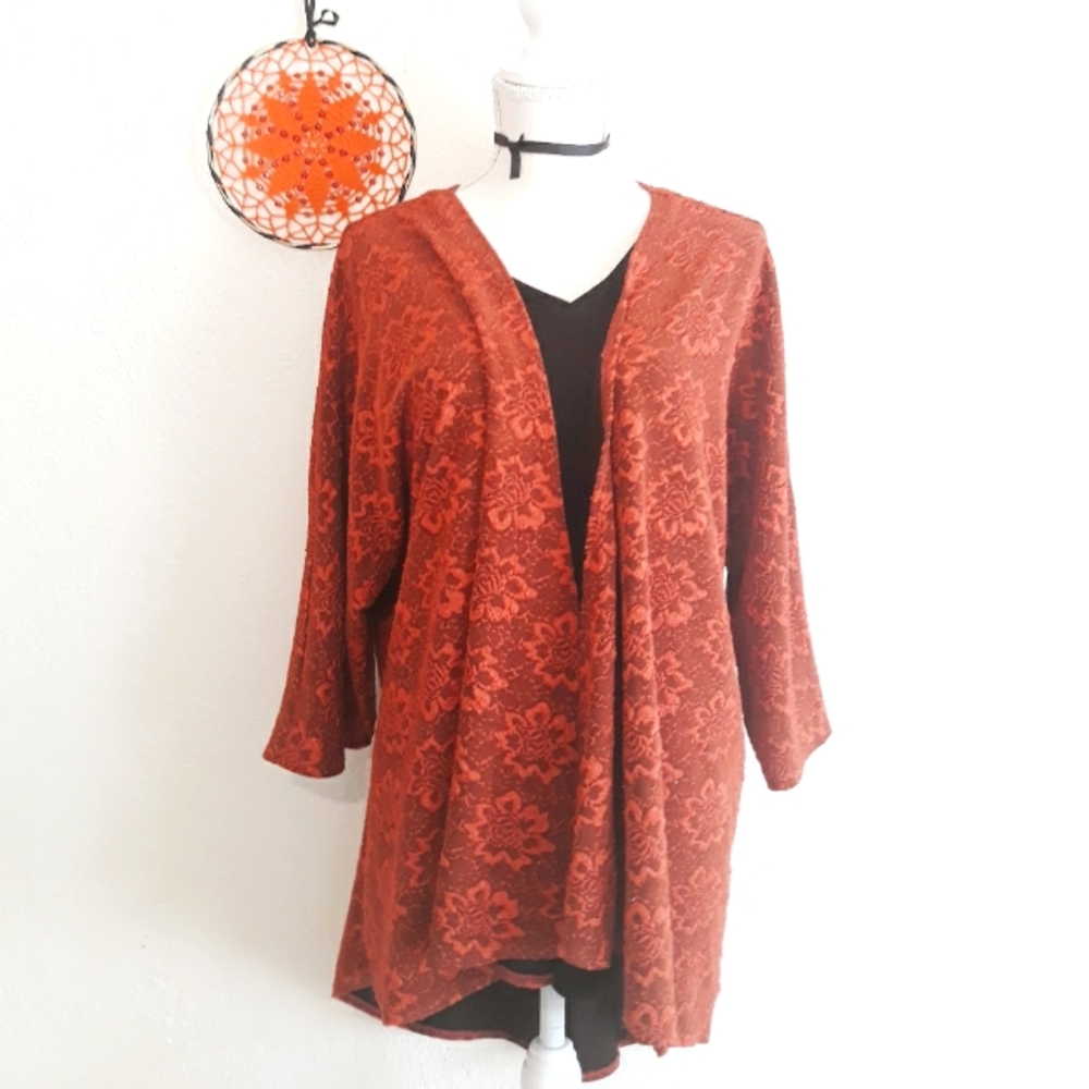 LuLaRoe Lindsay Floral Orange Brocade Kimono / Open Front Cardigan - Size Large
